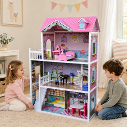 JULIA - drewniany domek dla lalek różowy 124 cm + dodatki