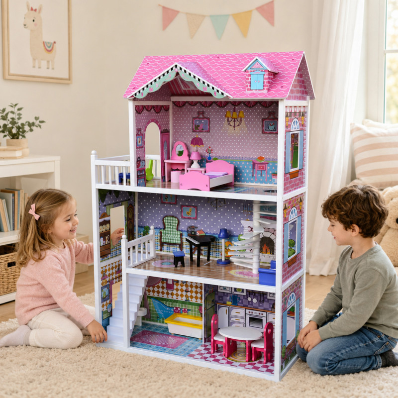 JULIA - drewniany domek dla lalek różowy 124 cm + dodatki