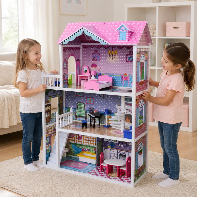 JULIA - drewniany domek dla lalek różowy 124 cm + dodatki