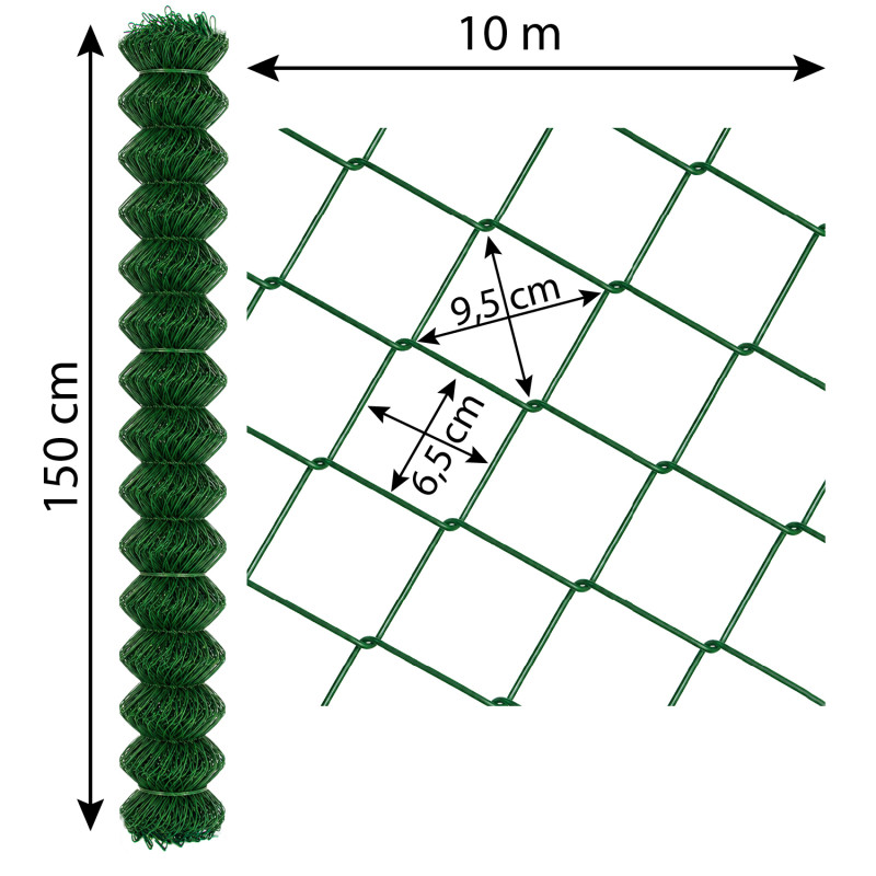 Siatka ogrodzeniowa pleciona zielona 150 cm 10 m drut 2,5 mm oczko 65x65 mm