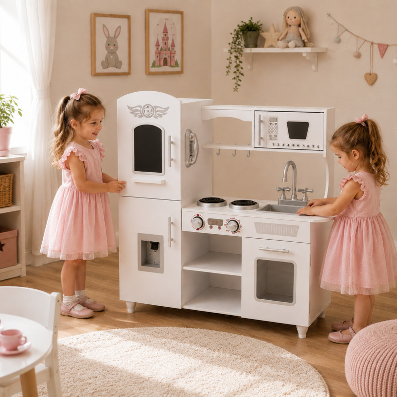 Drewniana biała kuchnia dla dzieci TinyTotsKitchen z lodówką