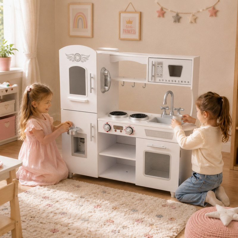 Drewniana biała kuchnia dla dzieci TinyTotsKitchen z lodówką