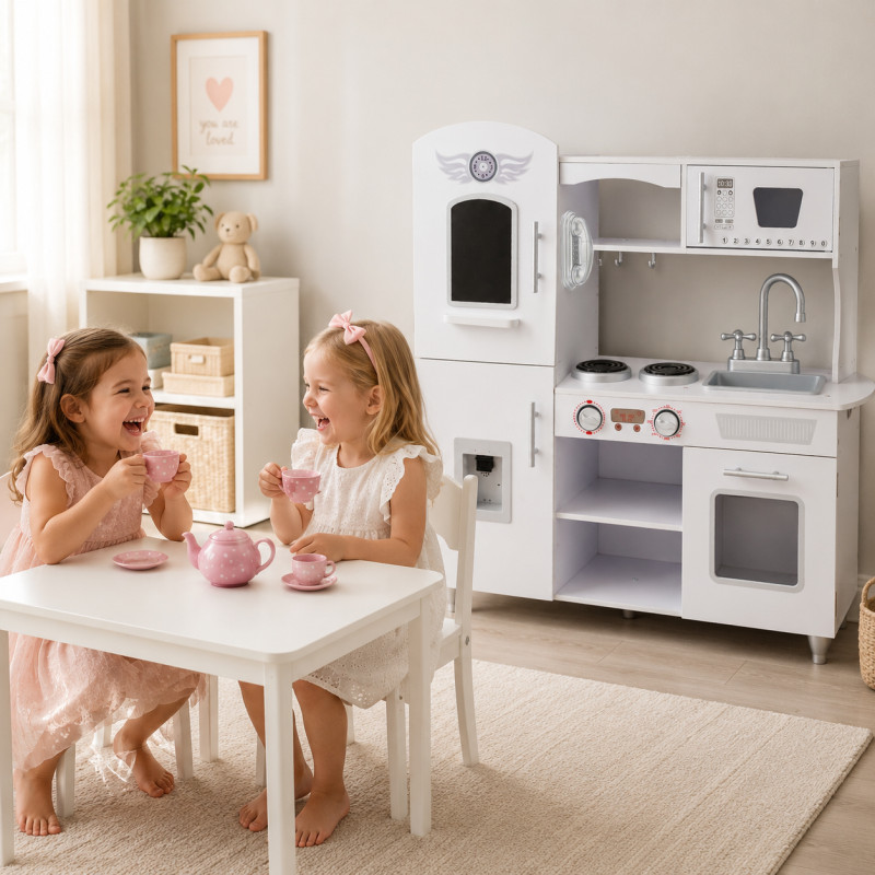 Drewniana biała kuchnia dla dzieci TinyTotsKitchen z lodówką