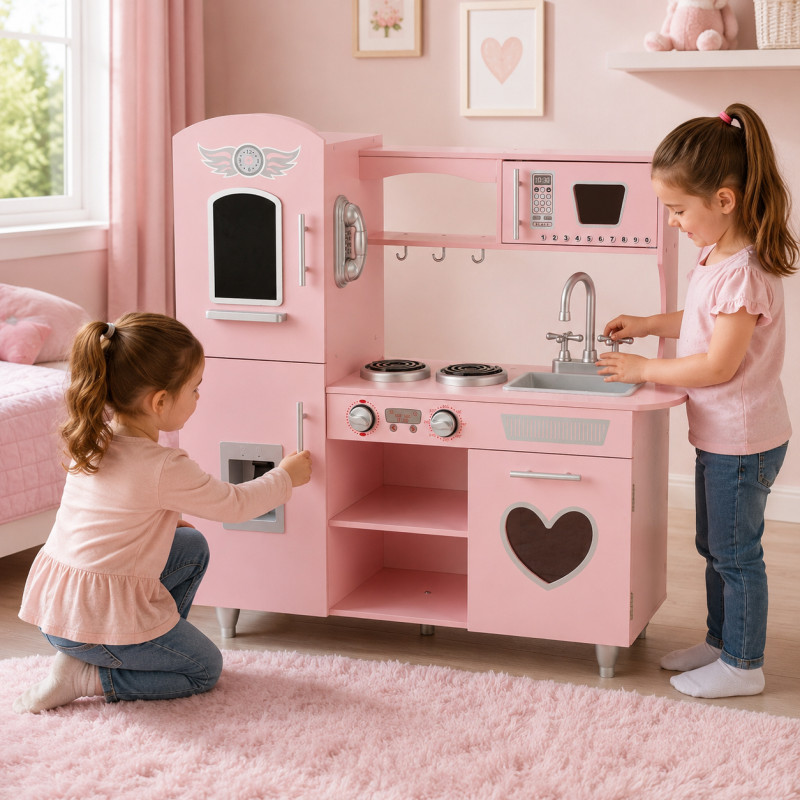 Drewniana różowa kuchnia dla dzieci TinyTotsKitchen z lodówką