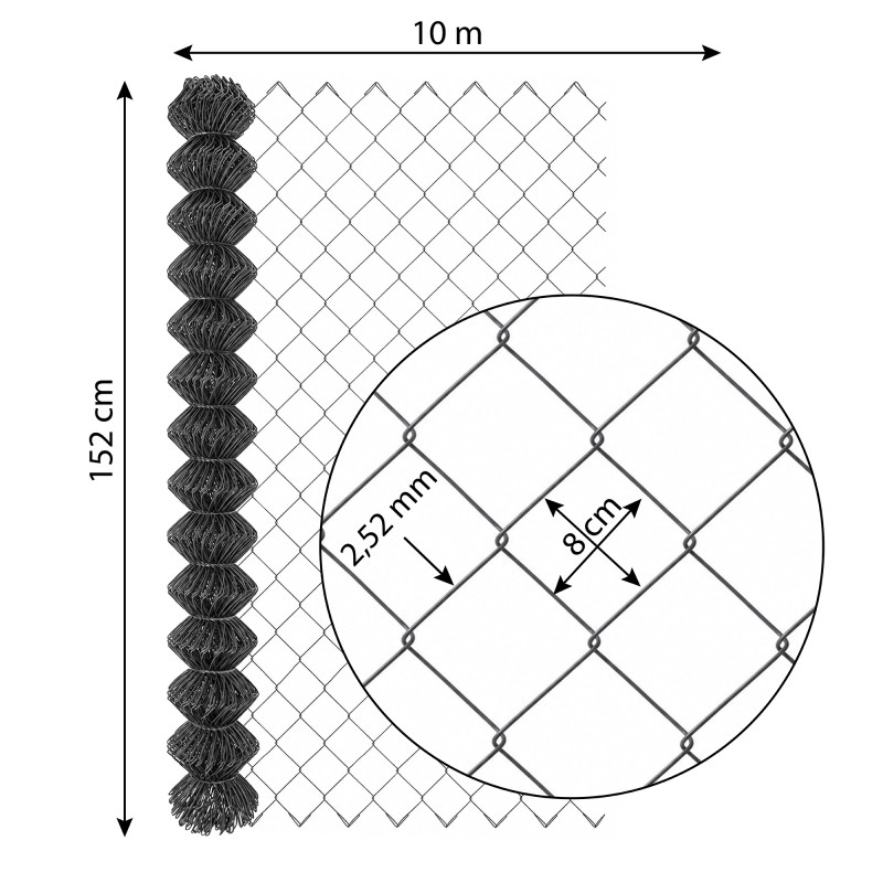 Siatka ogrodzeniowa pleciona antracytowa 1,5x10m drut 2,52 mm oczko 80x80 mm PCV