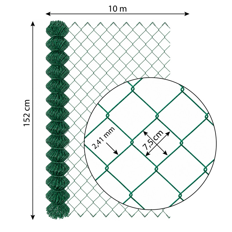 Siatka ogrodzeniowa pleciona zielona 1,5x10m drut 2,41 mm oczko 75x75 mm PCV