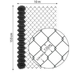 Siatka ogrodzeniowa pleciona antracytowa 1,5x10m drut 3,54 mm oczko 75x75 mm PCV