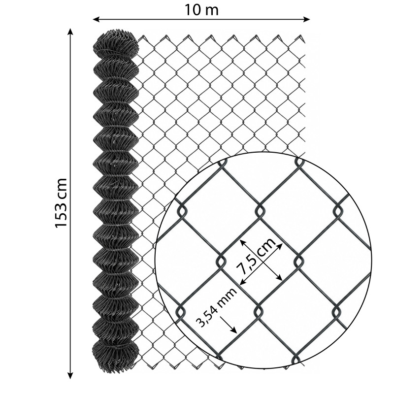 Siatka ogrodzeniowa pleciona antracytowa 1,5x10m drut 3,54 mm oczko 75x75 mm PCV