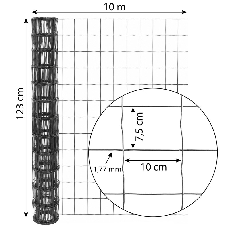 Siatka zgrzewana antracytowa 1,23x10m drut 1,77 mm ogrodzenie oczko 75x100mm