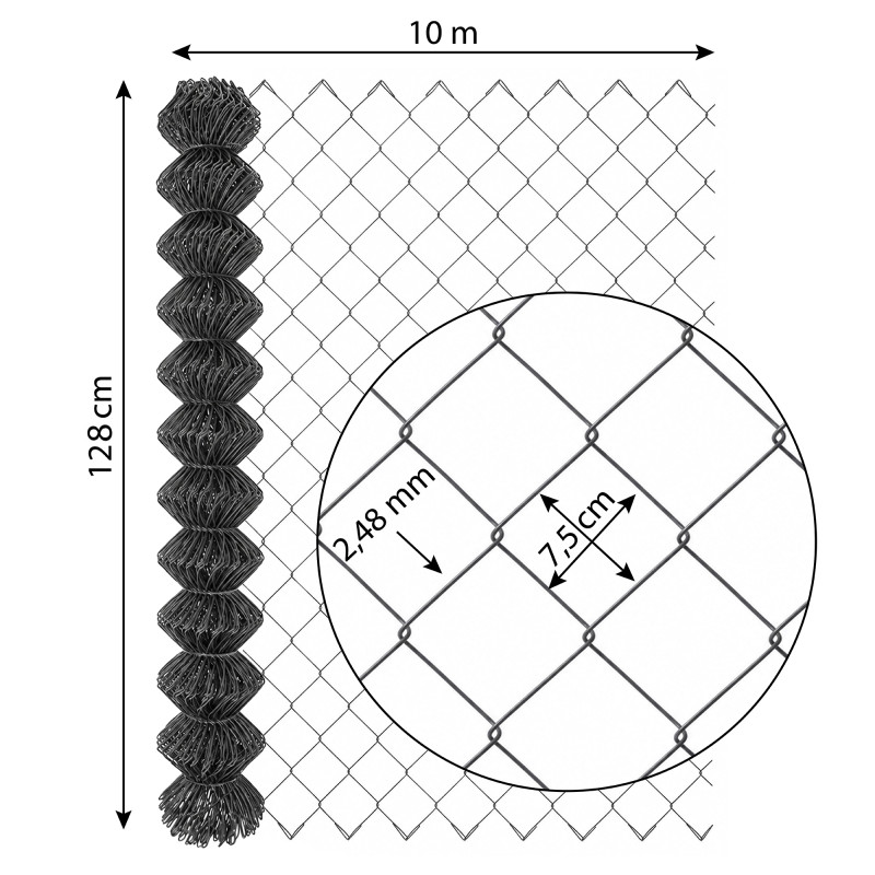 Siatka ogrodzeniowa pleciona antracytowa 1,28x10m drut 2,48 mm oczko 75x75 mm PCV