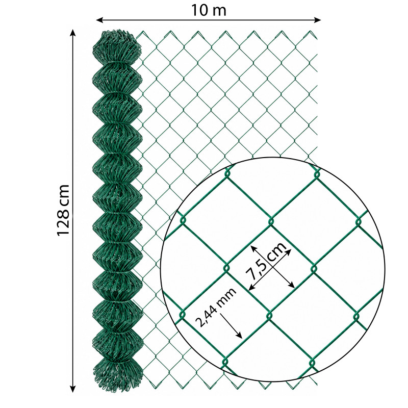 Siatka ogrodzeniowa pleciona zielona 1,28x10m drut 2,44 mm oczko 75x75 mm PCV