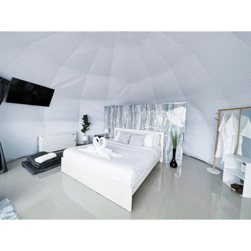 Namiot sferyczny całoroczny kopuła Ø 8m 50mkw drzwi pvc glamping