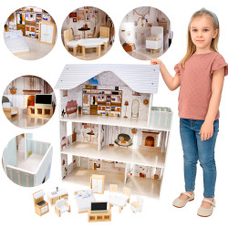 Drewniany domek dla lalek Lili z mebelkami i balkonem