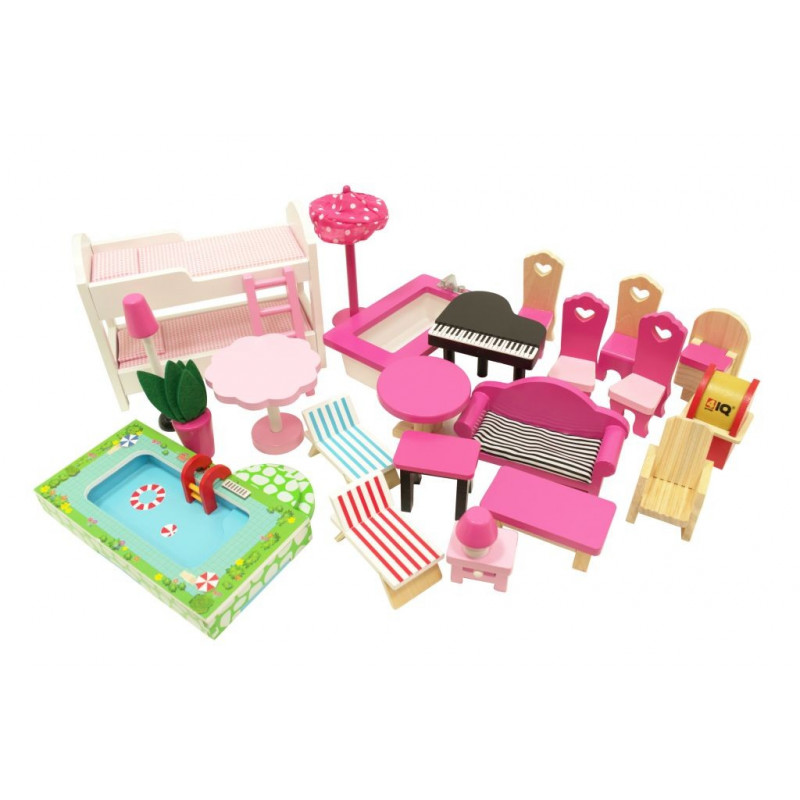 Domek z Drewna dla lalek INGA Taras z BASENEM + MEBELKI