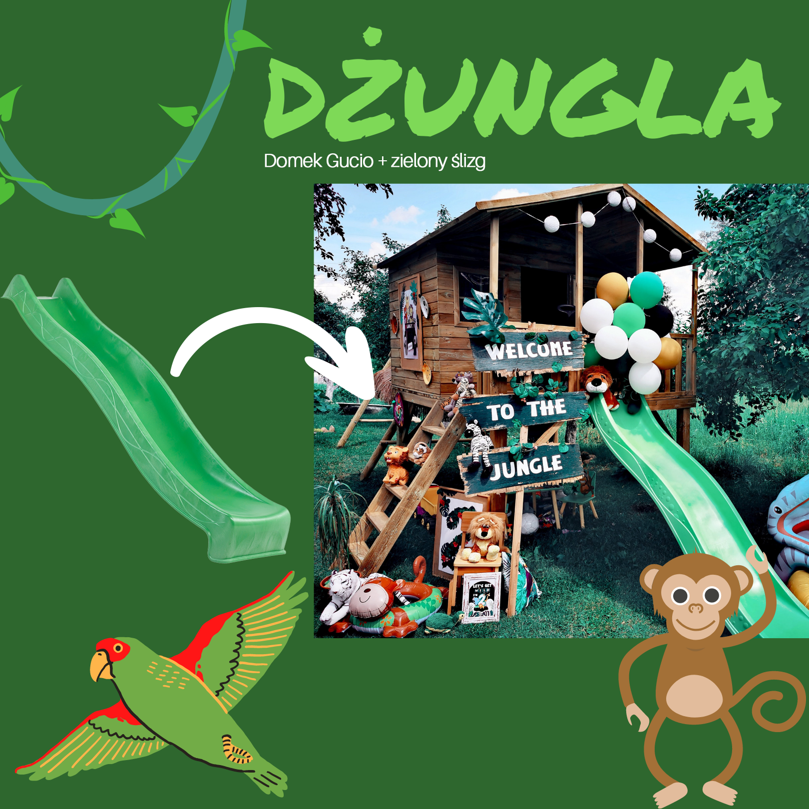 drewniany domek dla dzieci dżungla